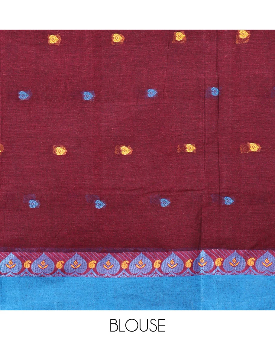 Maroon Bengal Cotton Saree, Embellished with Thread Buttas All Over Its Body, Complemented by a Contrast Border of Leaf Designs, Pallu of Stripes and Buttas, and Paired with a Matching Blouse - Image 3