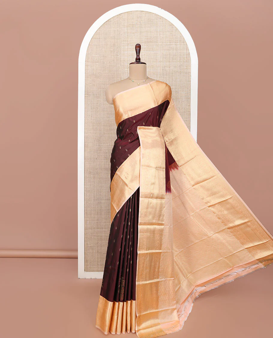 Maroon Budget Silk Saree, Prettified with Zari Buttas All Over Its Body, Complemented by a Contrast Traditional Zari Design Border of Paisleys, Majestically Zari Detailed Pallu, and Paired with a Contrast Blouse