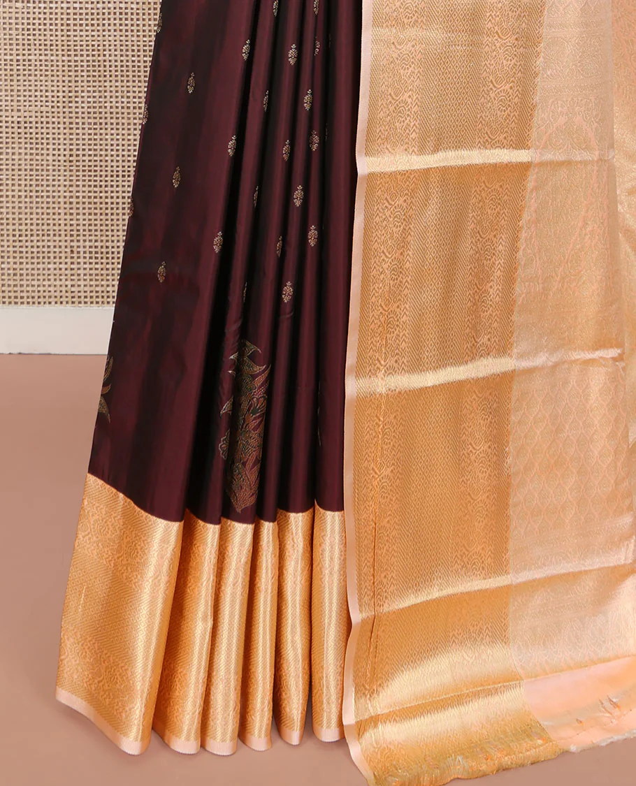 Maroon Budget Silk Saree, Prettified with Zari Buttas All Over Its Body, Complemented by a Contrast Traditional Zari Design Border of Paisleys, Majestically Zari Detailed Pallu, and Paired with a Contrast Blouse - Image 3