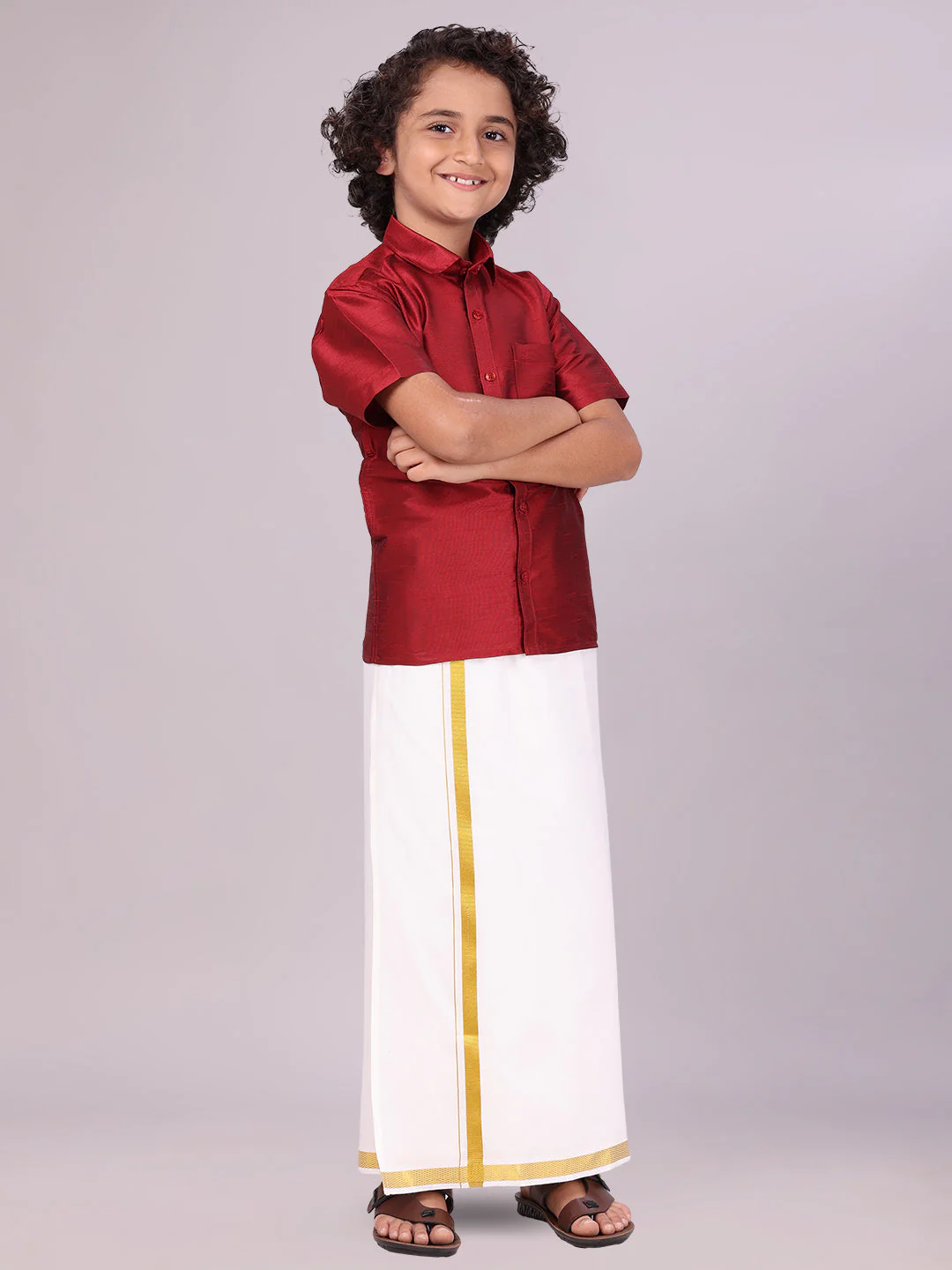 Boys Maroon Color Half Sleeves Shirt with Gold Jari Flexi Dhoti Adorable Boy - Image 2