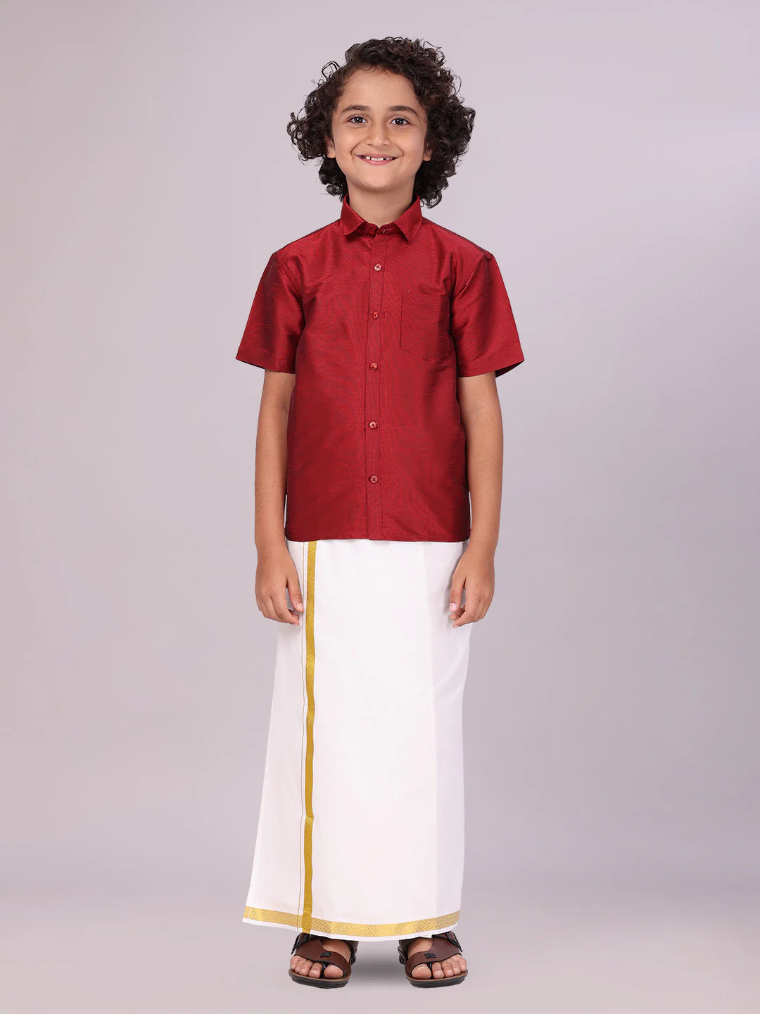 Boys Maroon Color Half Sleeves Shirt with Gold Jari Flexi Dhoti Adorable Boy - Image 4