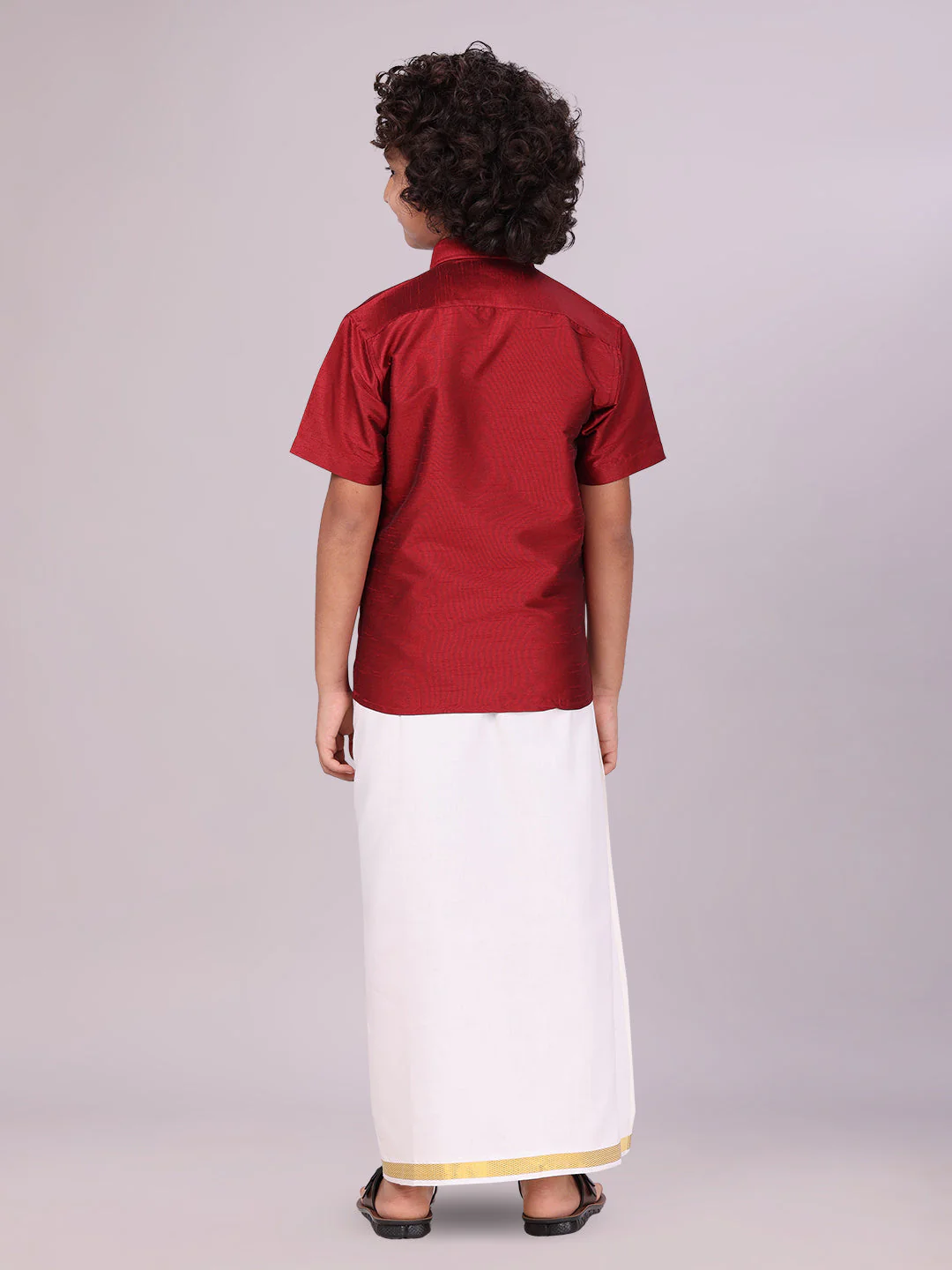Boys Maroon Color Half Sleeves Shirt with Gold Jari Flexi Dhoti Adorable Boy - Image 5