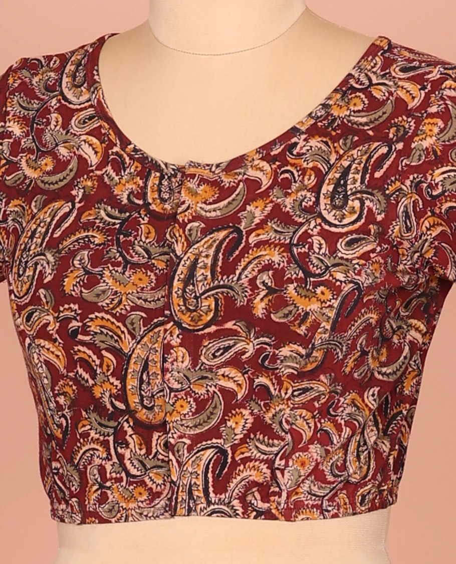 Maroon Cotton Readymade Blouse Beautified with All-Over Paisley Print, Featuring a Front Round-Neck, a Closed Back Neck, and Elbow Sleeves - Image 2