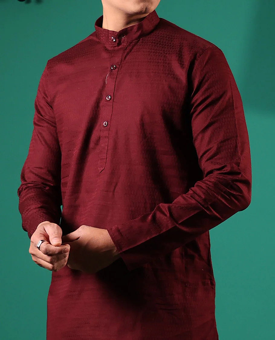 Maroon embossed full-sleeved men's kurta - Image 4