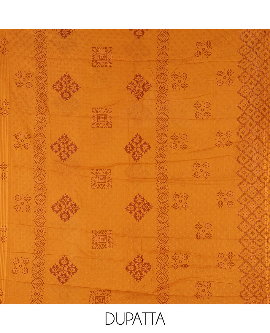 Maroon flex cotton material chudidar set, ikkat printed & oxidised charm woven top, contrast bottom & negative printed dupatta - Image 2