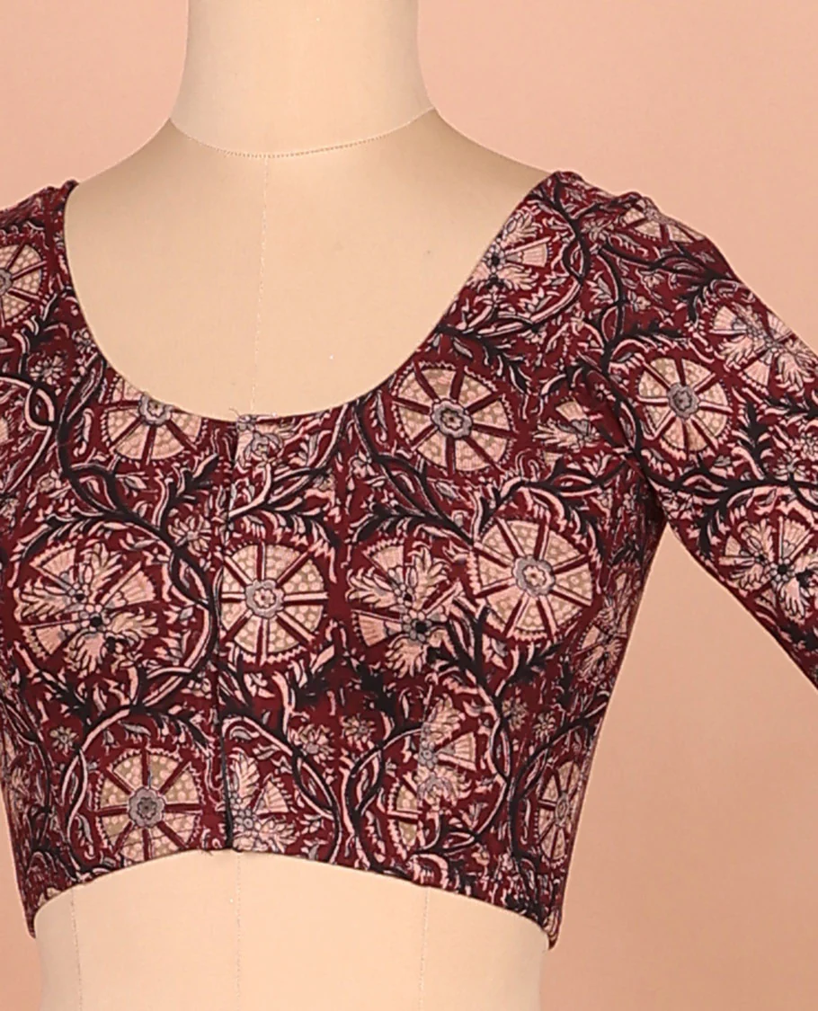 Maroon floral vine printed front and back round neck elbow sleeve cotton readymade blouse - Image 2