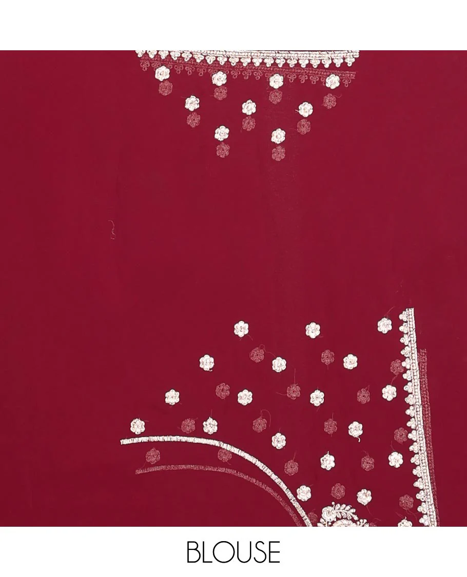 Maroon half-&-half-style floral vine thread embroidered designer saree, scallop embroidered border - Image 3