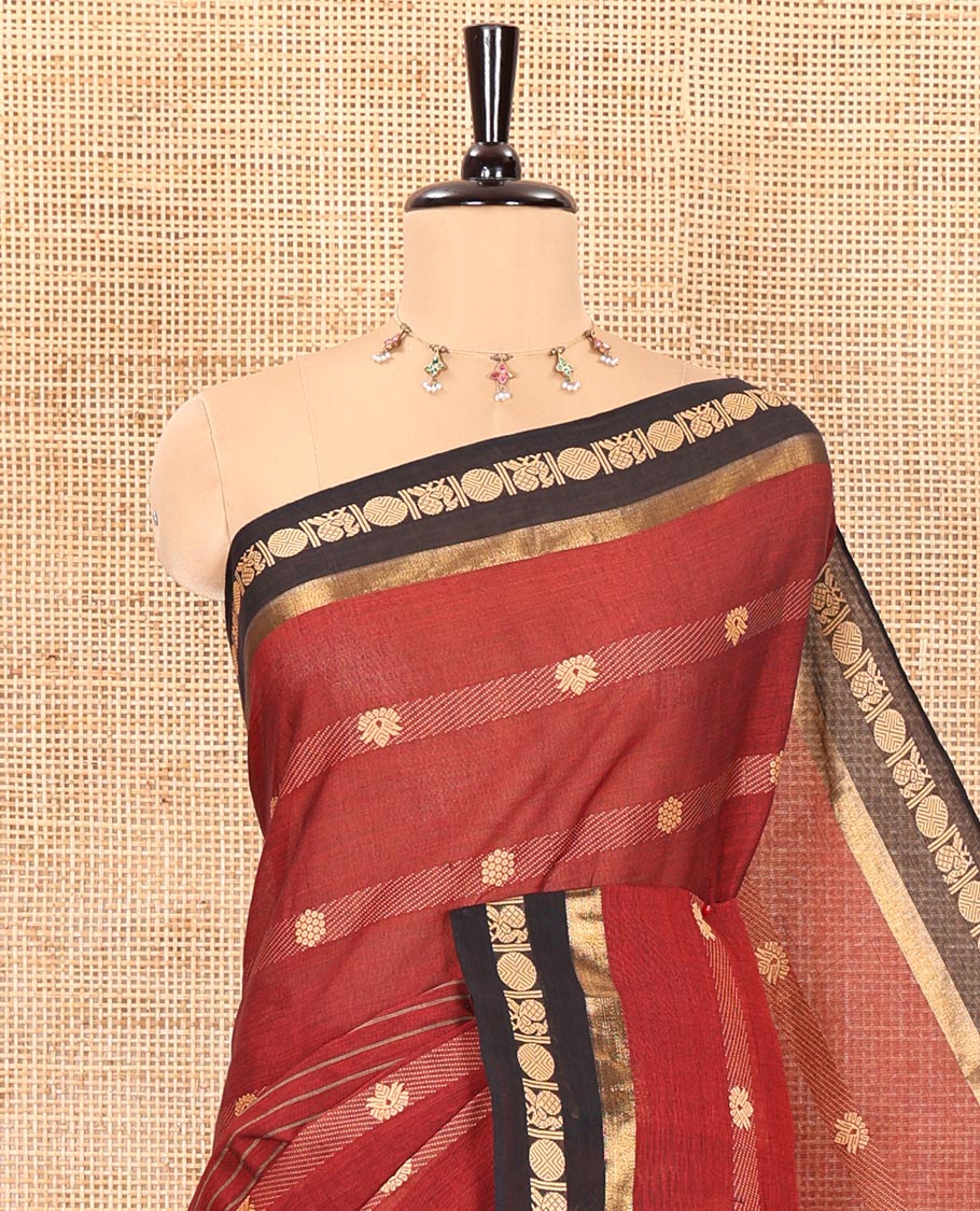 Maroon horizontal stripes and velthari thread butta design chettinad cotton saree , contrast peacock , rudraksham border and lining chit pallu - Image 2