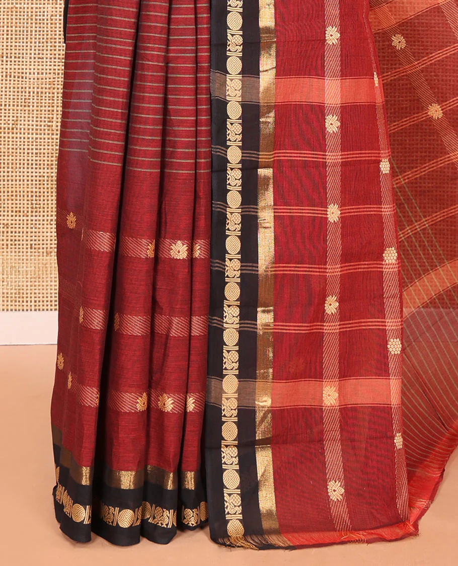 Maroon horizontal stripes and velthari thread butta design chettinad cotton saree , contrast peacock , rudraksham border and lining chit pallu - Image 3