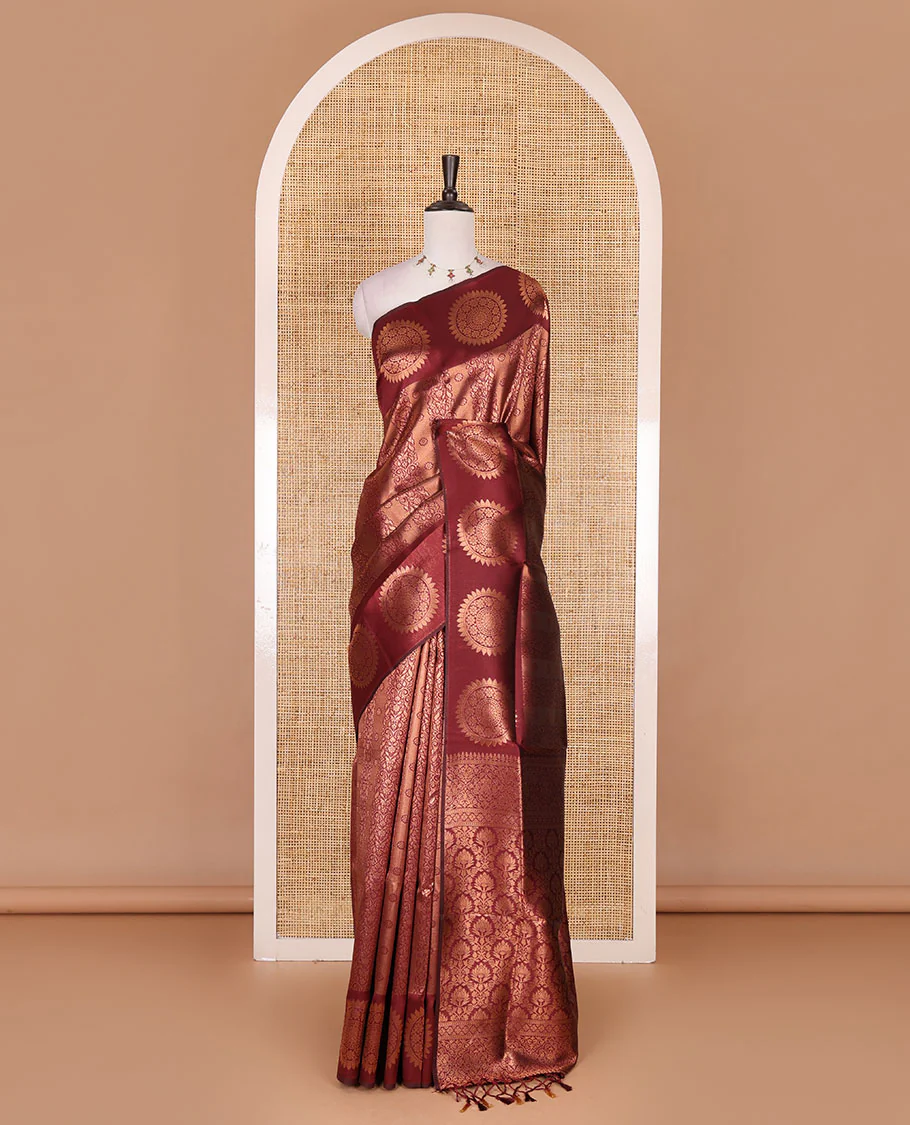 Maroon jacquard kanchi tissue saree, zari chakram motifs border, intricately zari woven pallu, and a matching zari design blouse - Image 2