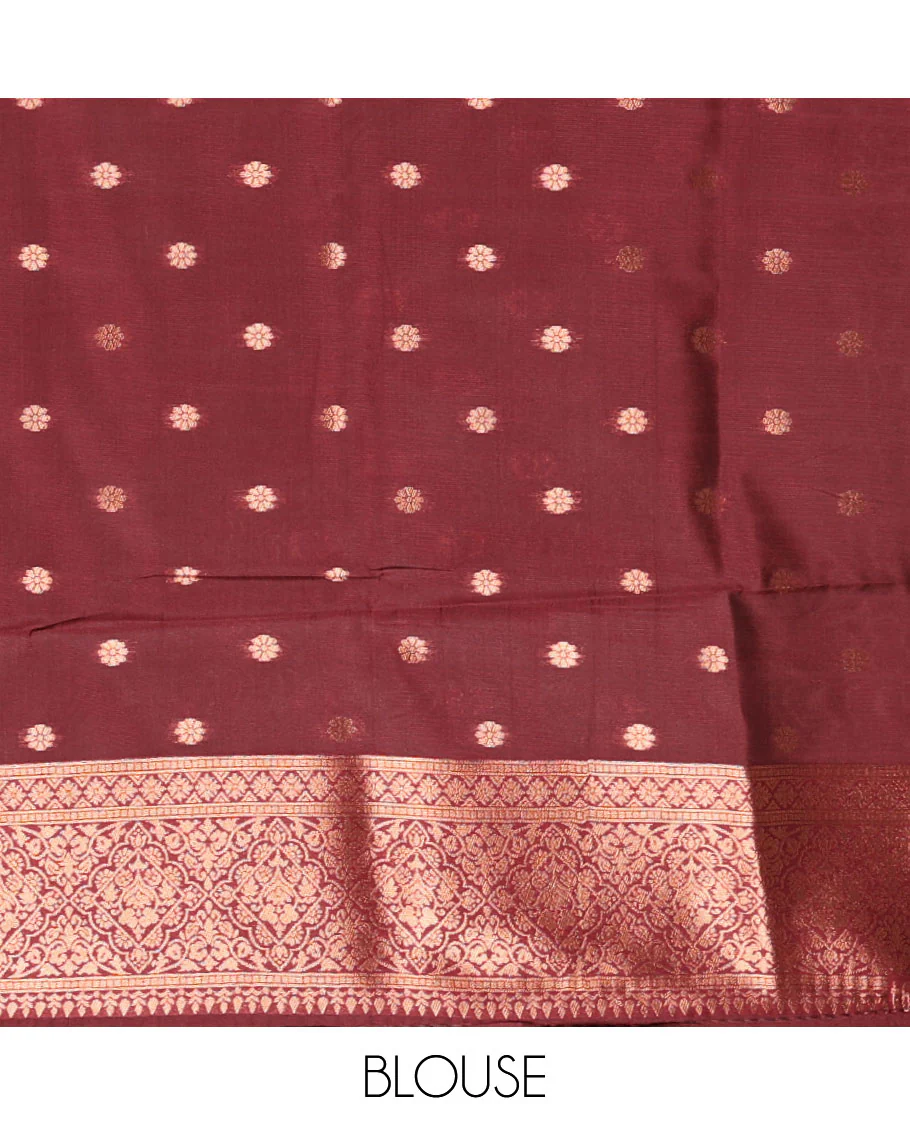 Maroon jacquard kanchi tissue saree, zari chakram motifs border, intricately zari woven pallu, and a matching zari design blouse - Image 4