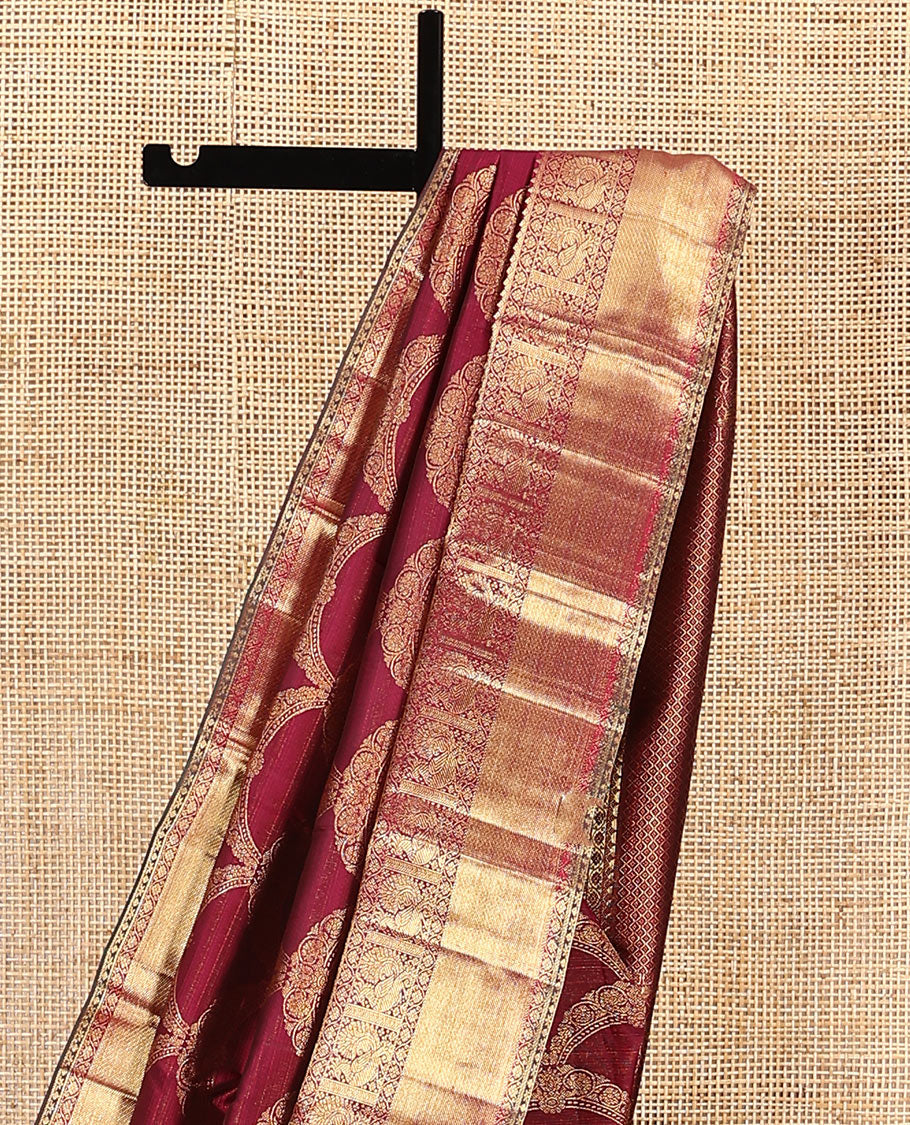 Maroon jacquard kanchipuram silk saree, zari border of thilakam, kodi visiry, and mayil designs, and jaal pallu - Image 3