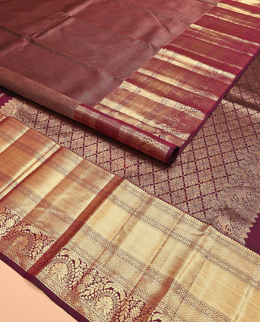 Maroon jacquard kanchipuram silk saree, zari border of traditional zari designs, and zari-rich pallu - Image 2