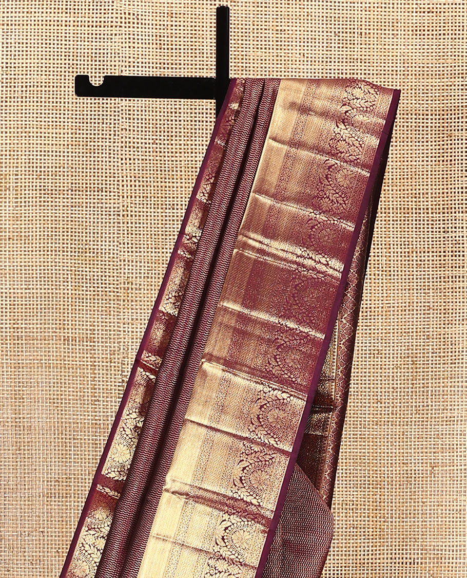 Maroon jacquard kanchipuram silk saree, zari border of traditional zari designs, and zari-rich pallu - Image 3