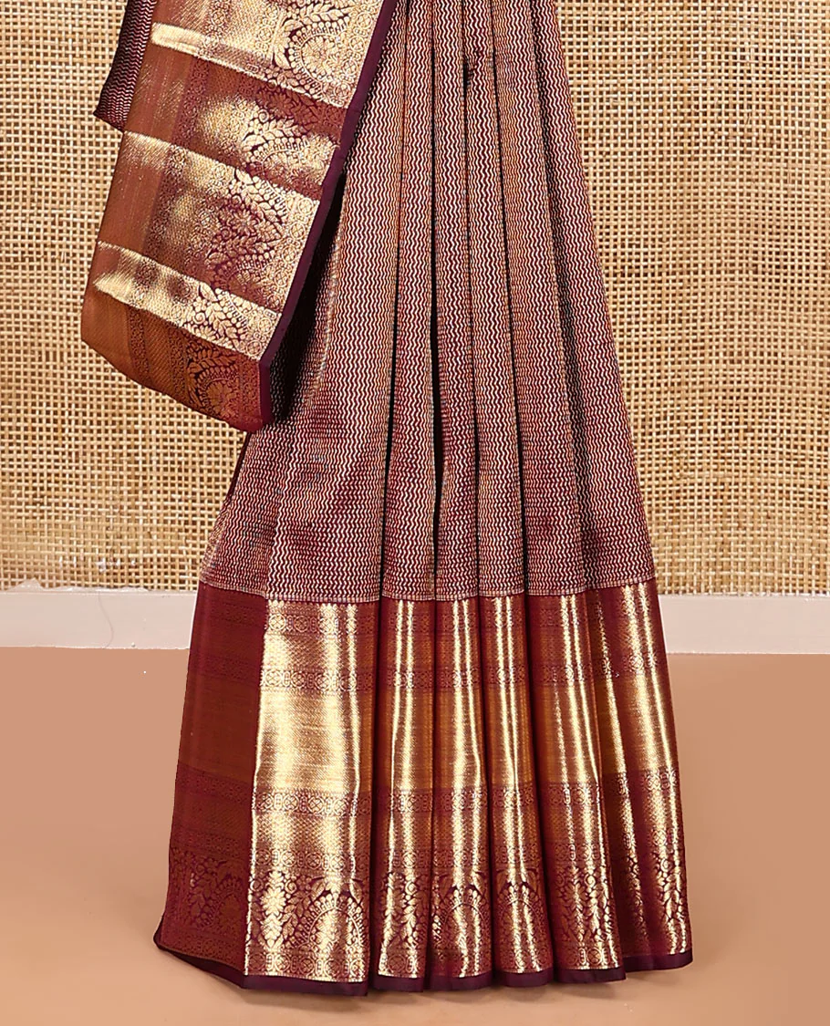 Maroon jacquard kanchipuram silk saree, zari border of traditional zari designs, and zari-rich pallu - Image 4