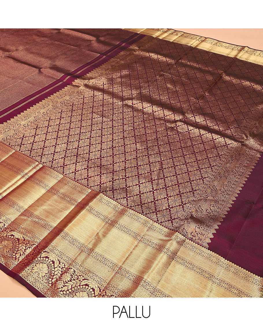 Maroon jacquard kanchipuram silk saree, zari border of traditional zari designs, and zari-rich pallu - Image 5