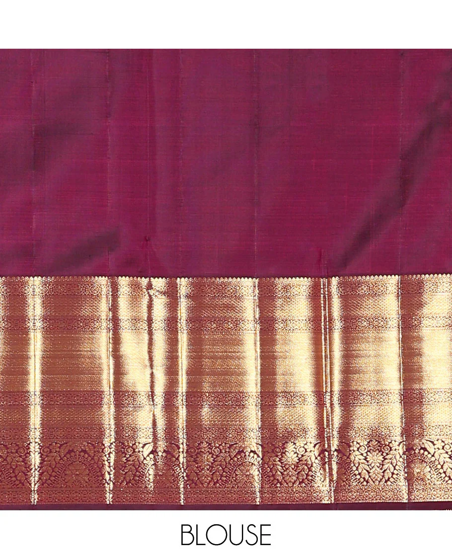 Maroon jacquard kanchipuram silk saree, zari border of traditional zari designs, and zari-rich pallu - Image 6
