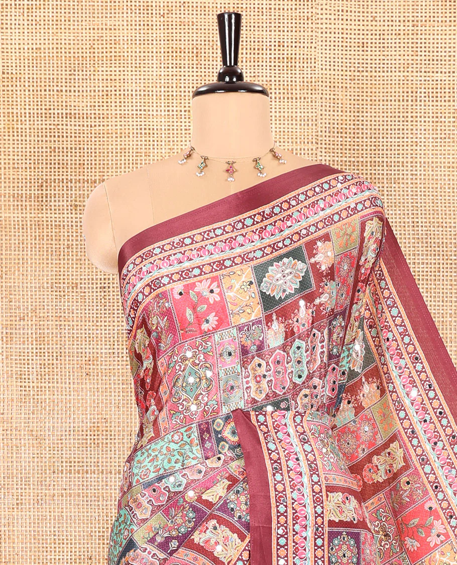 Maroon Masakali Saree Featuring Floral and Geometric Motifs Print and Mirror Work, Kaleidoscopic-Colored Printed Border, Pallu Decked Up with Colorful Intricate Patterns Print, and a Matching Printed Blouse - Image 2
