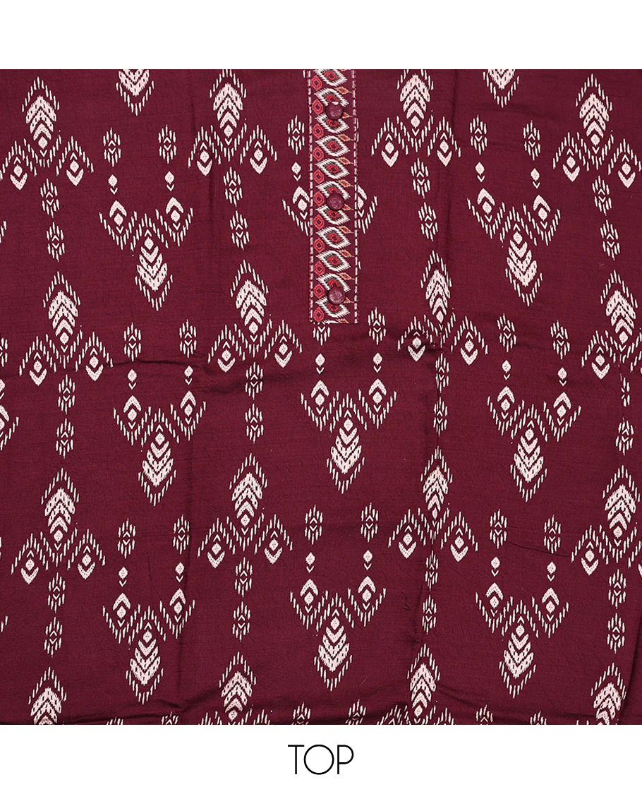 Maroon Material Chudidar Set, Bedecked with Ikkat-Style Motifs Print on Rayon Top, a Plain Cotton Bottom, and Paired with a Plain Chiffon Dupatta - Image 2