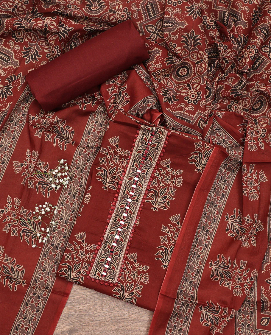 Maroon Material Chudidar Set, Elevated with Floral Printed Cotton Top, a Plain Cotton Bottom, and Paired with a Ajrakh Printed Cotton Dupatta