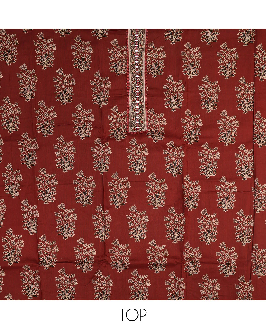 Maroon Material Chudidar Set, Elevated with Floral Printed Cotton Top, a Plain Cotton Bottom, and Paired with a Ajrakh Printed Cotton Dupatta - Image 2