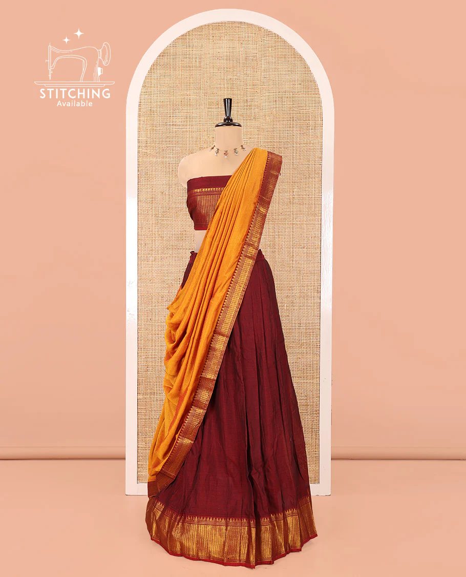Maroon Mercerised Cotton Half-Saree Features Plain with Contrast Traditional Zari Temple Bordered Skirt, Paired with a Matching Blouse, and Comes with a Contrast Zari-Bordered Dhavani - Image 3