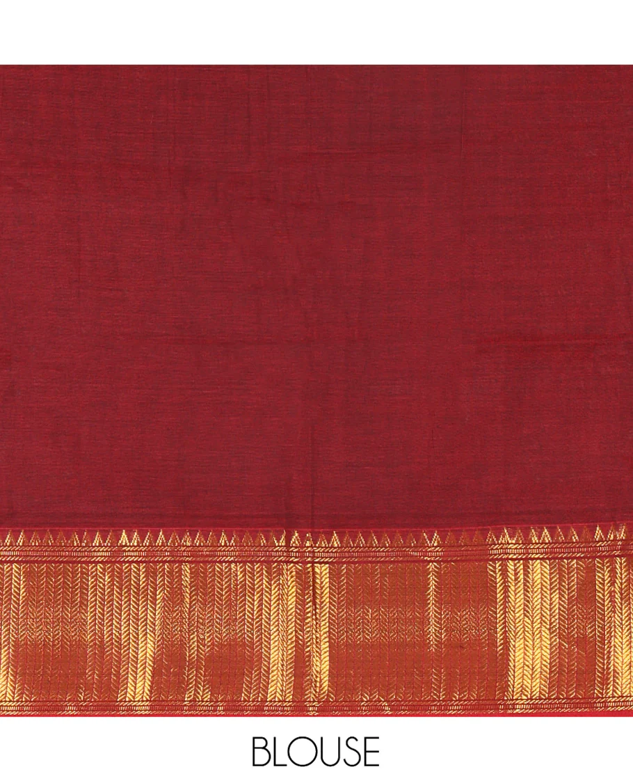 Maroon Mercerised Cotton Half-Saree Features Plain with Contrast Traditional Zari Temple Bordered Skirt, Paired with a Matching Blouse, and Comes with a Contrast Zari-Bordered Dhavani - Image 4