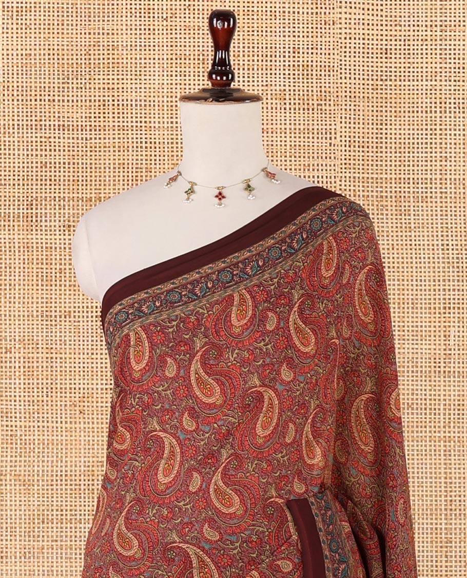 Maroon paisley design mill printed kimaya saree, plain border & paisley printed pallu - Image 3