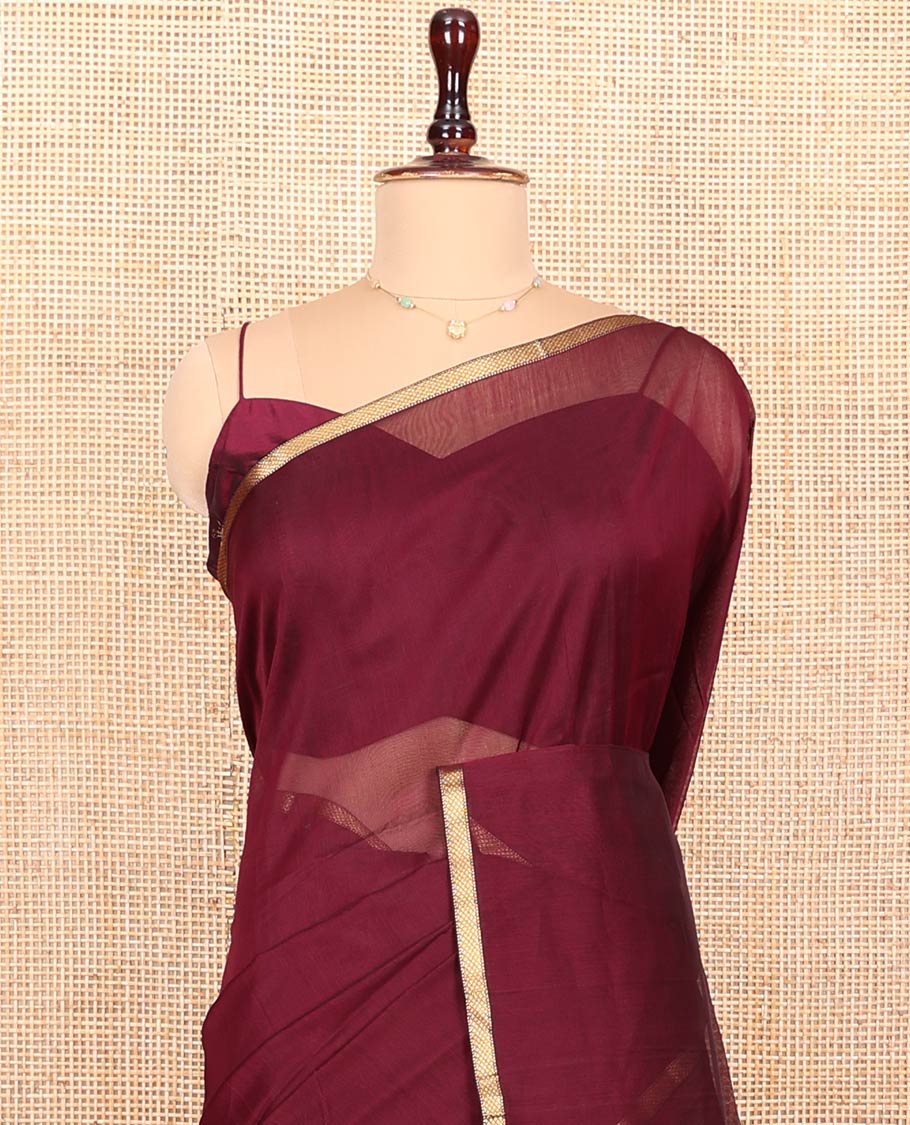 Maroon Plain Maheshwari Cotton Saree, Subtly Woven Zari Piping Border, Gleaming Zari Design Pallu and Paired with a Matching Blouse - Image 2
