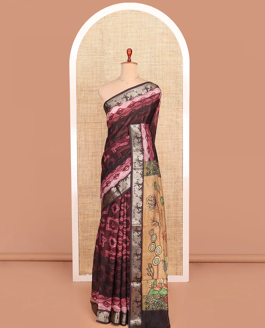 Maroon Semi-Tussar Saree Gracefully Printed with Geometric and Abstrast Print, Complemented by a Zari Border, Contrast Pallu of Ancient Characters Print, and Paired with a Contrast Printed Blouse - Image 3