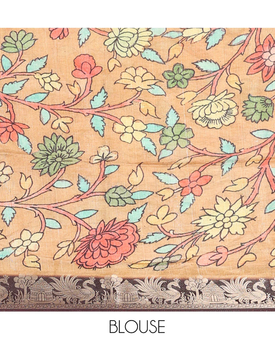 Maroon Semi-Tussar Saree Gracefully Printed with Geometric and Abstrast Print, Complemented by a Zari Border, Contrast Pallu of Ancient Characters Print, and Paired with a Contrast Printed Blouse - Image 5