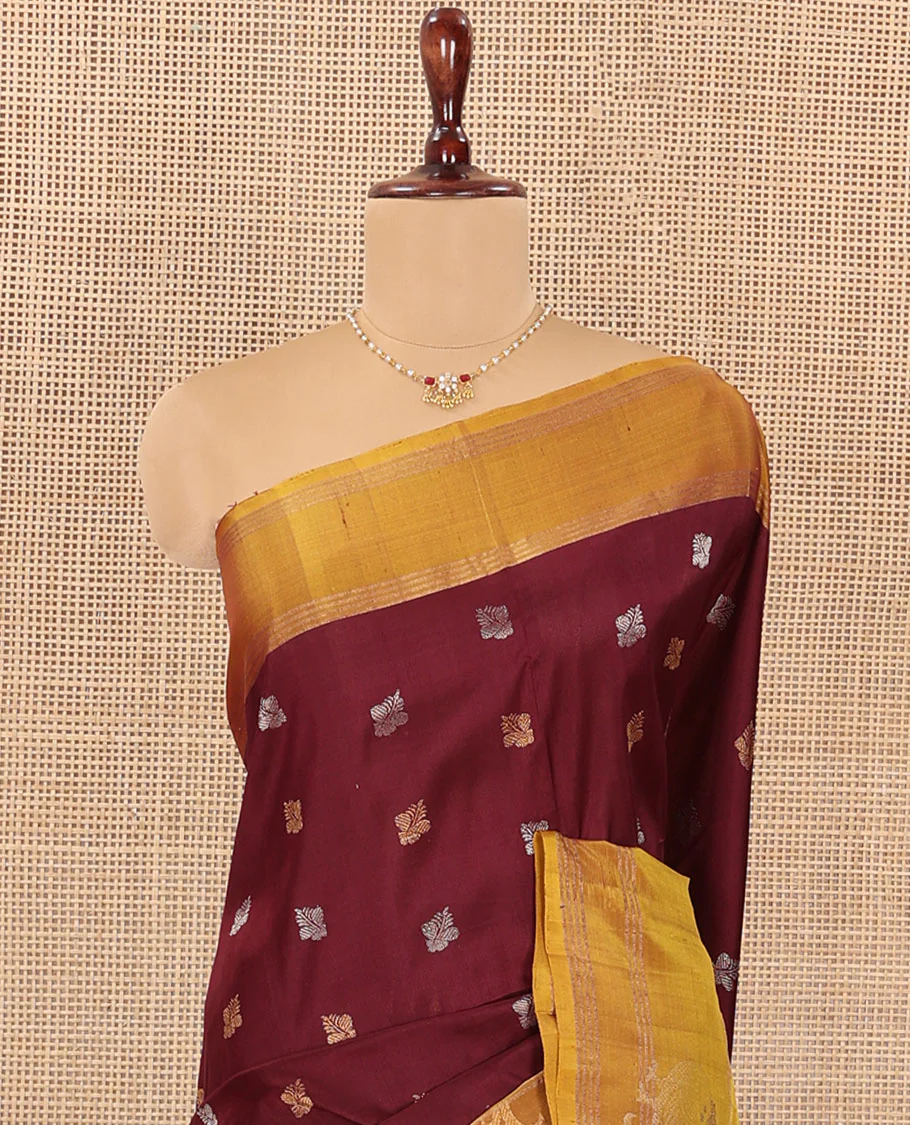 Maroon Uppada Silk Saree Ornamented with Zari Buttas, Complemented by a Contrast Zari Border of Bird Designs, Contrast Pallu of Scallop Designs, and Paired with a Contrast Blouse - Image 2