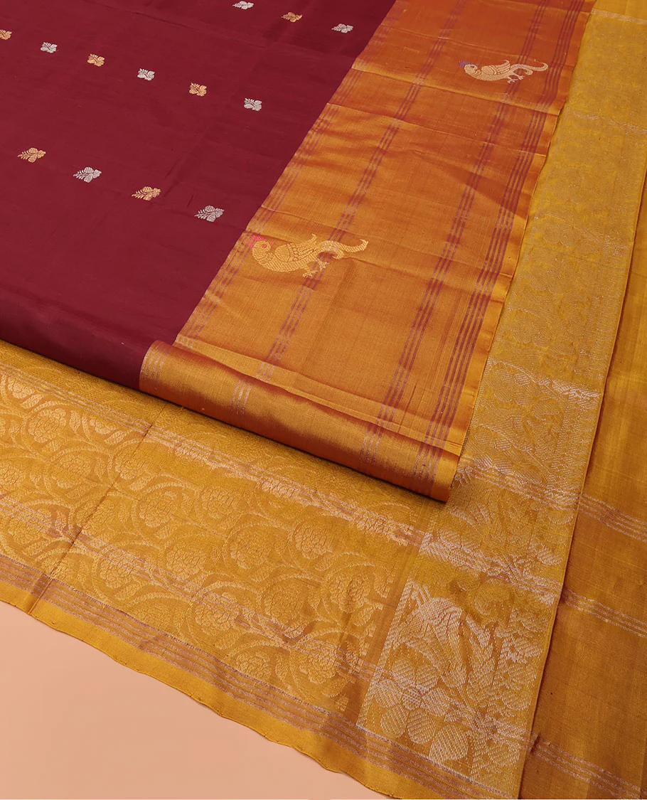 Maroon Uppada Silk Saree Ornamented with Zari Buttas, Complemented by a Contrast Zari Border of Bird Designs, Contrast Pallu of Scallop Designs, and Paired with a Contrast Blouse - Image 3