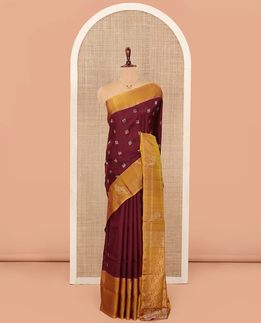 Maroon Uppada Silk Saree Ornamented with Zari Buttas, Complemented by a Contrast Zari Border of Bird Designs, Contrast Pallu of Scallop Designs, and Paired with a Contrast Blouse - Image 4