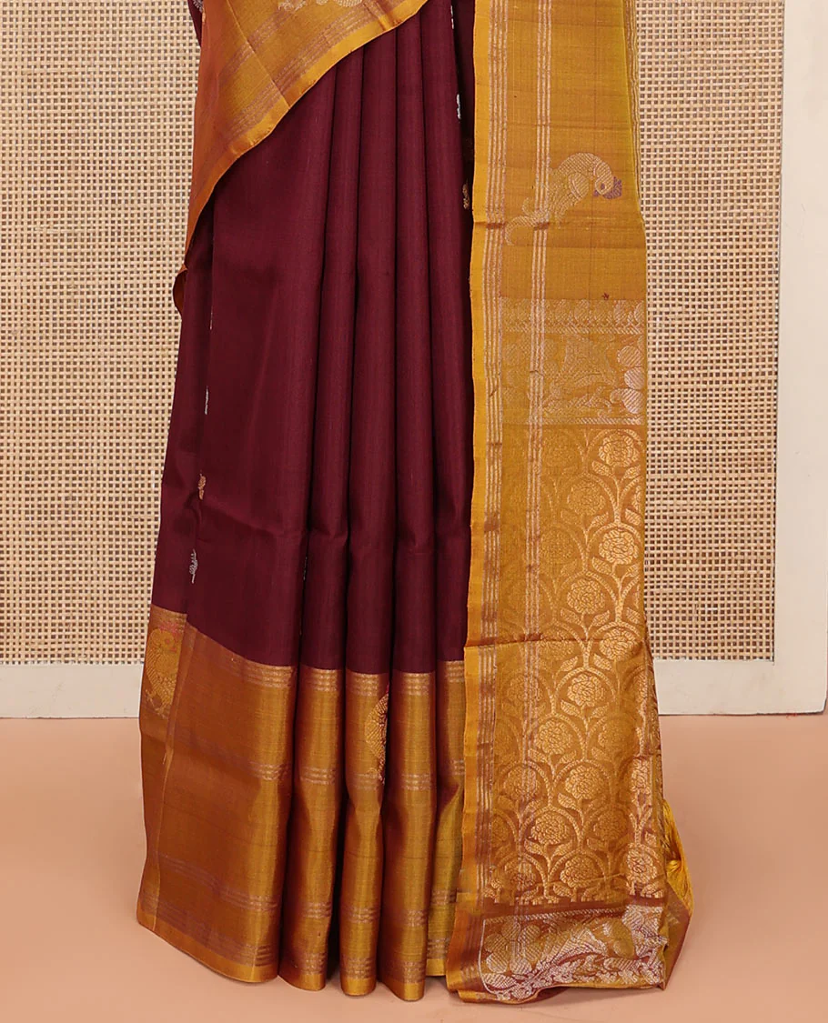 Maroon Uppada Silk Saree Ornamented with Zari Buttas, Complemented by a Contrast Zari Border of Bird Designs, Contrast Pallu of Scallop Designs, and Paired with a Contrast Blouse - Image 5