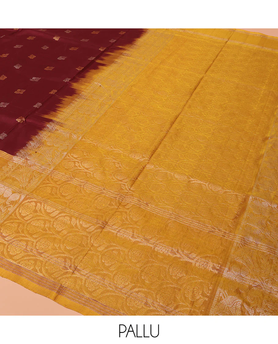 Maroon Uppada Silk Saree Ornamented with Zari Buttas, Complemented by a Contrast Zari Border of Bird Designs, Contrast Pallu of Scallop Designs, and Paired with a Contrast Blouse - Image 6