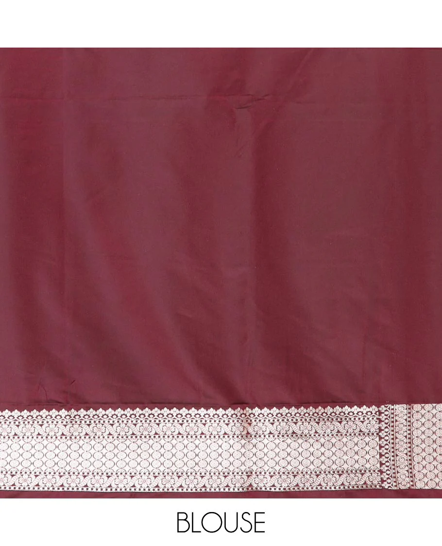 Maroon zari buttas and Pichwai cow buttas mushru silk saree, traditional design border, and zari-rich jaal pallu - Image 4