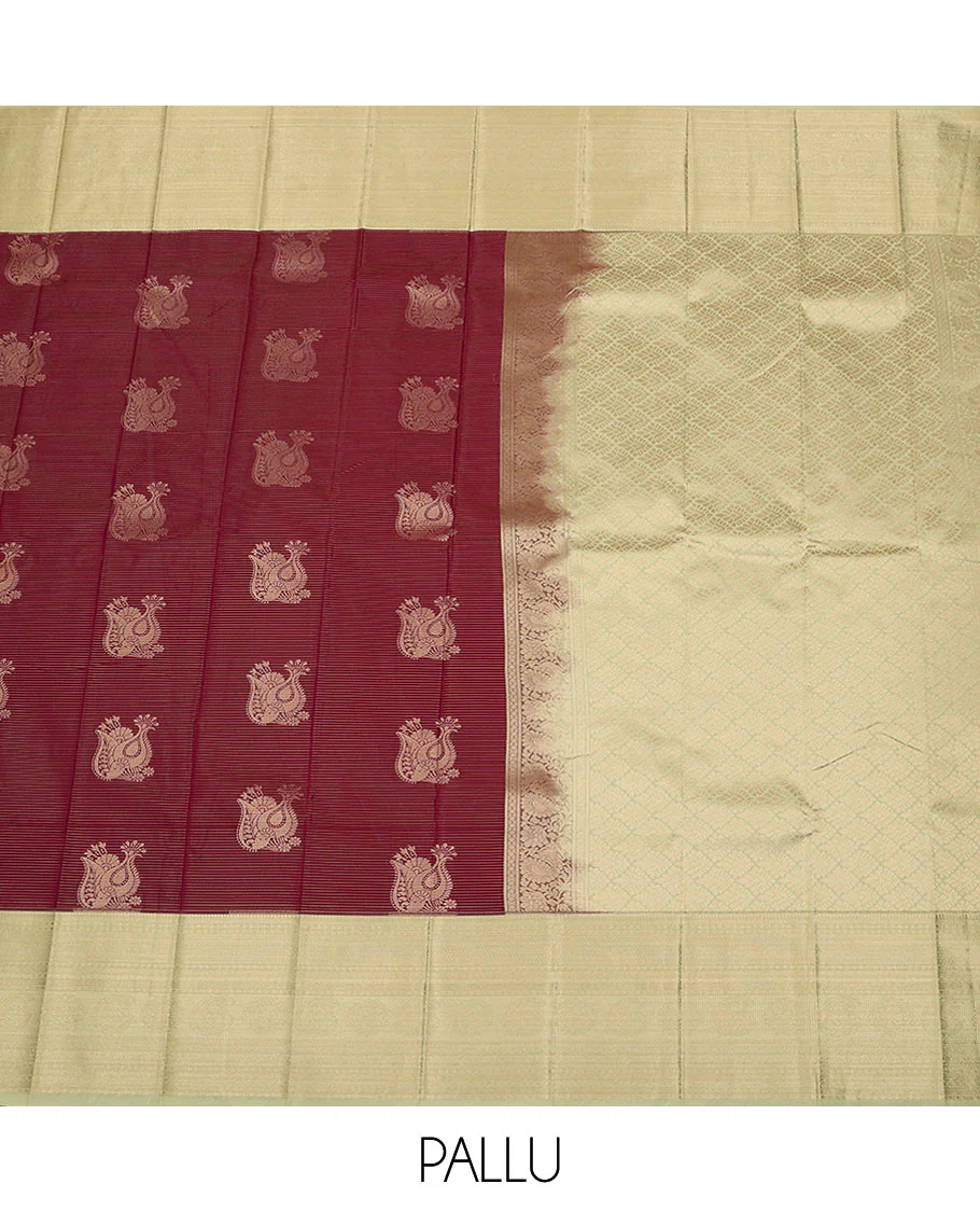 Maroon zari buttas budget silk saree, contrast traditional zari design border, and jaal pallu - Image 4