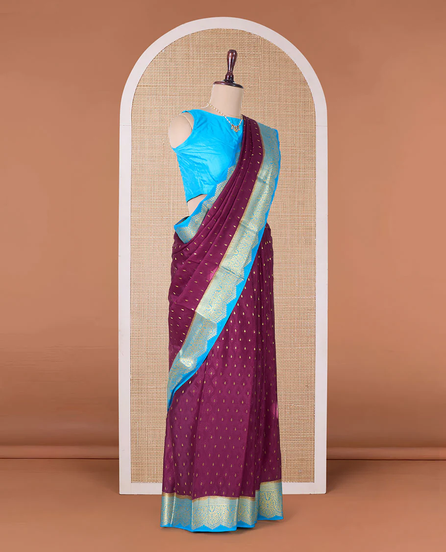 Maroon zari buttas Mysore silk saree, contrast traditional zari border, and floral jaal pallu