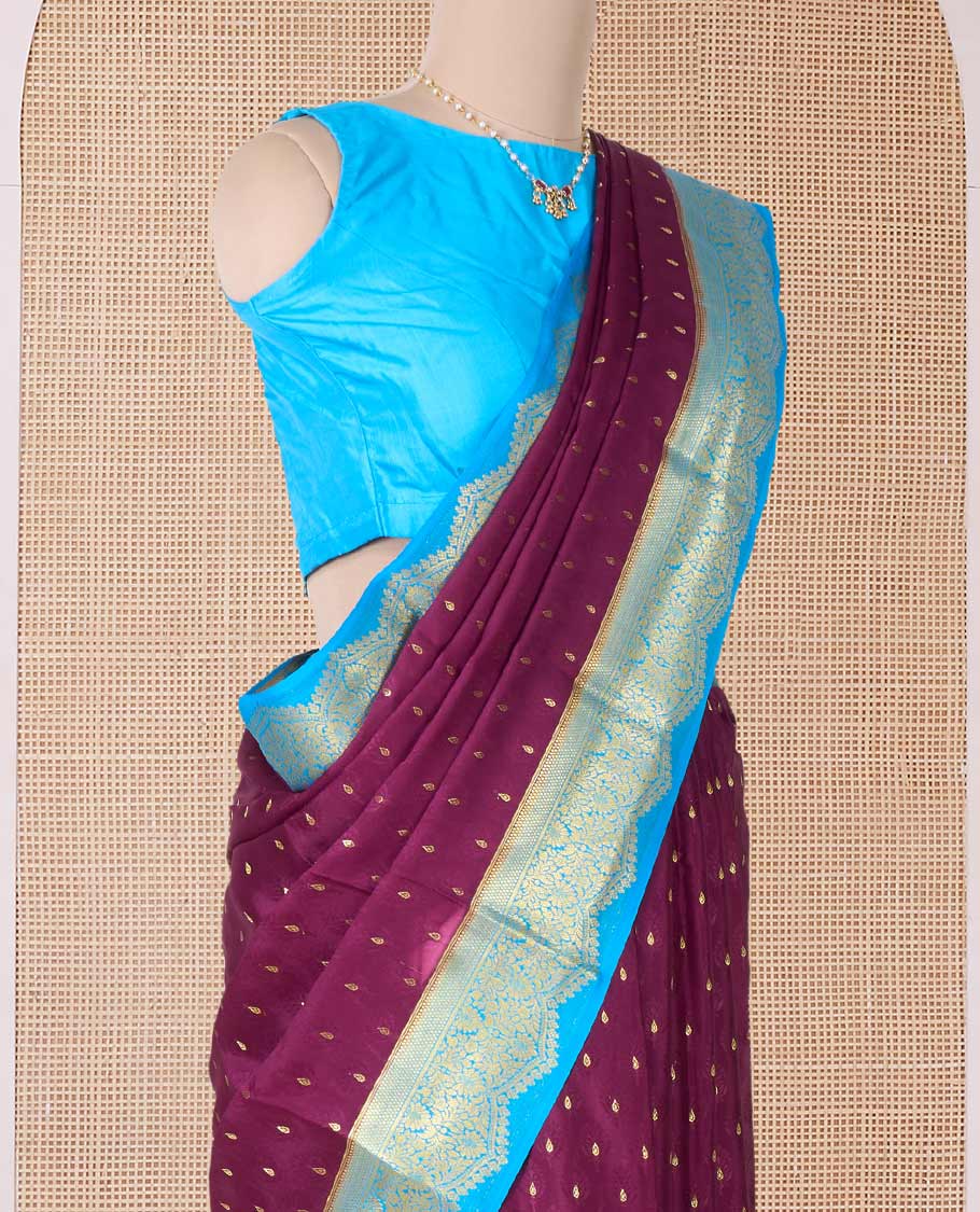 Maroon zari buttas Mysore silk saree, contrast traditional zari border, and floral jaal pallu - Image 3