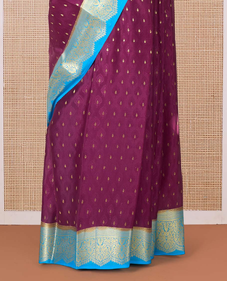 Maroon zari buttas Mysore silk saree, contrast traditional zari border, and floral jaal pallu - Image 4