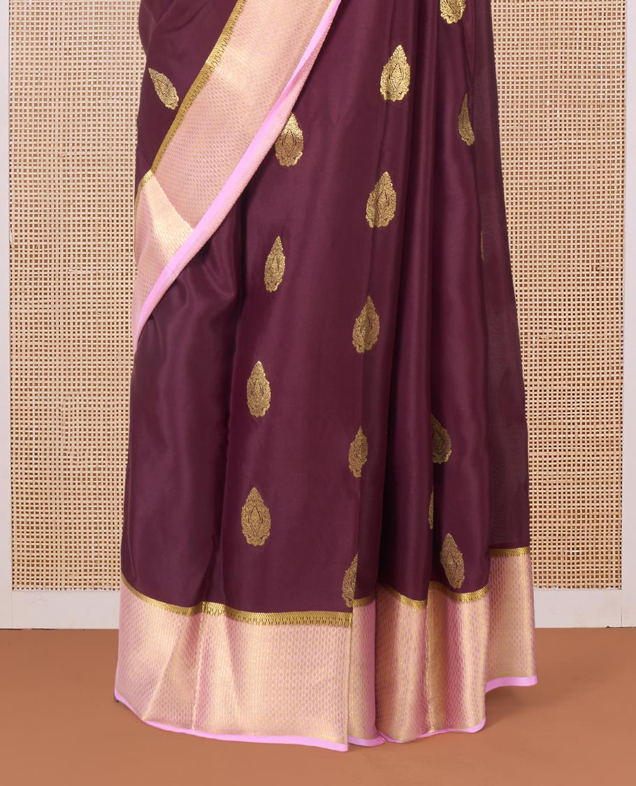 Maroon zari buttas Mysore silk saree, contrast traditional zari border, and pallu of jaal design - Image 4