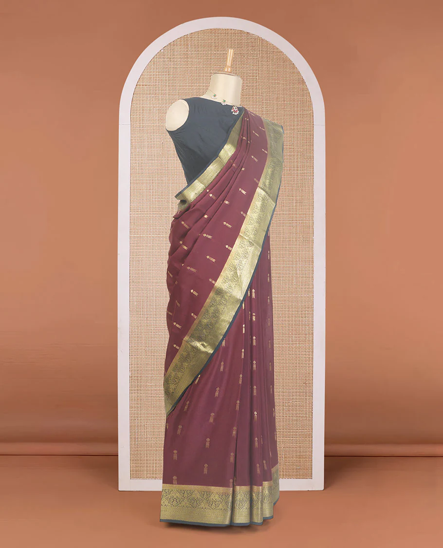 Maroon zari buttas Mysore silk saree, contrast traditional zari design border, and intricate pallu