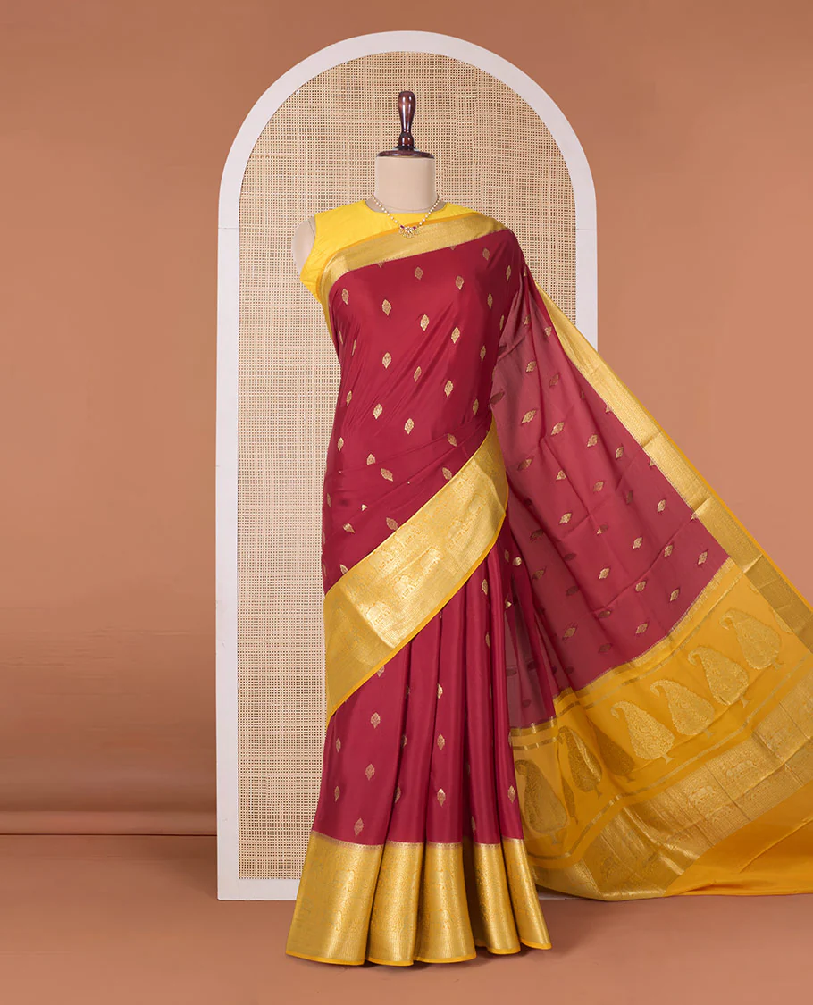 Maroon zari buttas Mysore silk saree with contrast traditional zari border, and a pallu of paisleys - Image 2