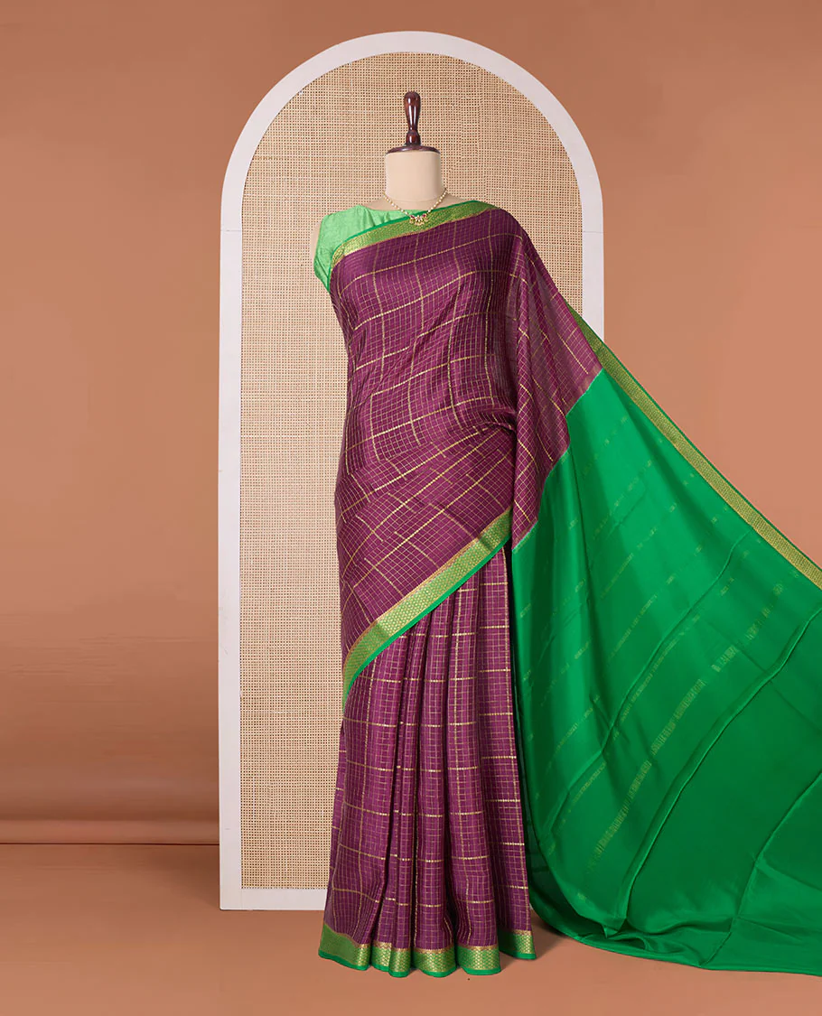 Maroon zari checked Mysore silk saree, contrast peacock eye border, and pallu of zari stripes - Image 2
