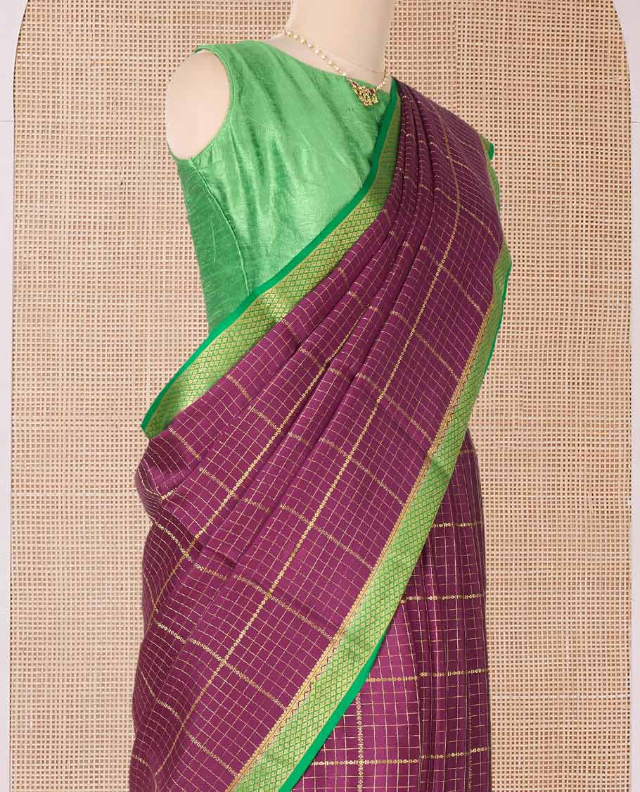 Maroon zari checked Mysore silk saree, contrast peacock eye border, and pallu of zari stripes - Image 3