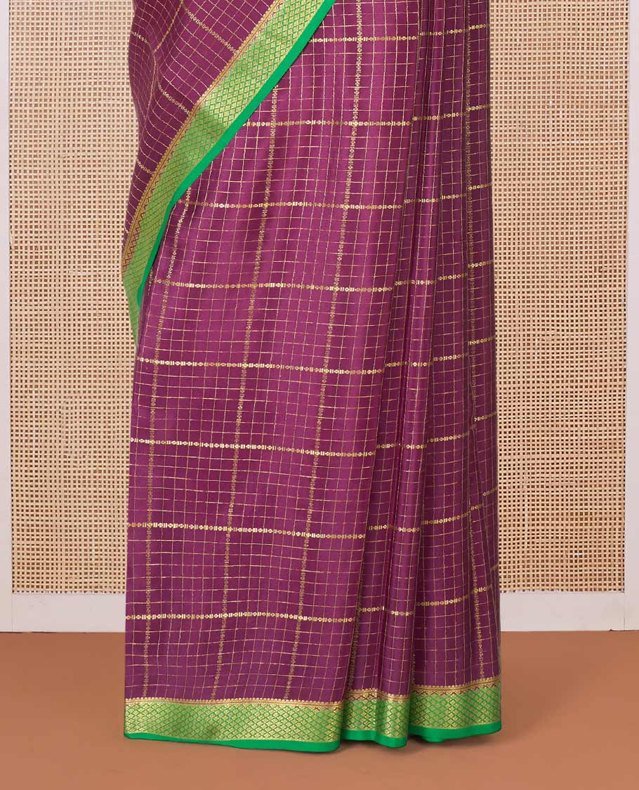 Maroon zari checked Mysore silk saree, contrast peacock eye border, and pallu of zari stripes - Image 4