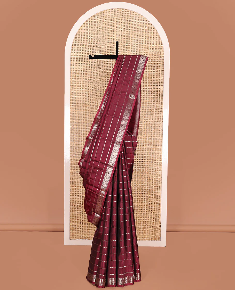 Maroon zari design Kanchipuram silk saree, zari border of reeku, kathir, muthu, yaanai, and mayil designs, and vanki design pallu