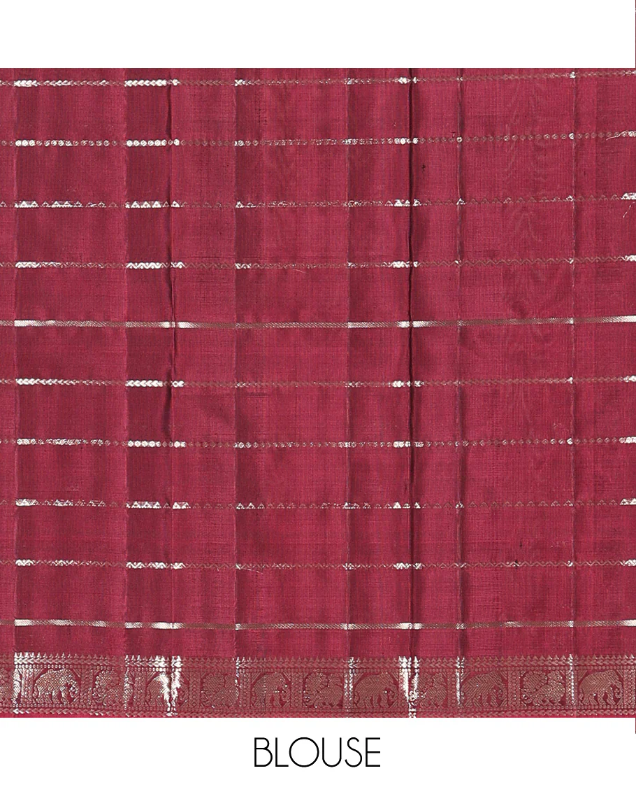 Maroon zari design Kanchipuram silk saree, zari border of reeku, kathir, muthu, yaanai, and mayil designs, and vanki design pallu - Image 6