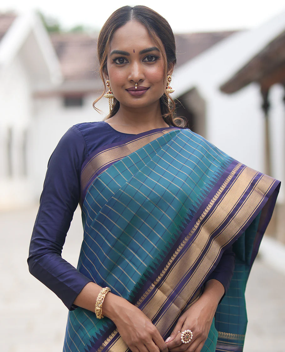 Mayil Color and Navy Blue Vasundhara Lite Silk Mix Saree, Graced with Checked Design All Over Its Body, Complemented by a Contrast Thazampoo Rekku Border of Manga Mokku, Muthu, and Mayil Kann Designs, Grand Pallu, and Paired with a Contrast Blouse - Image 2